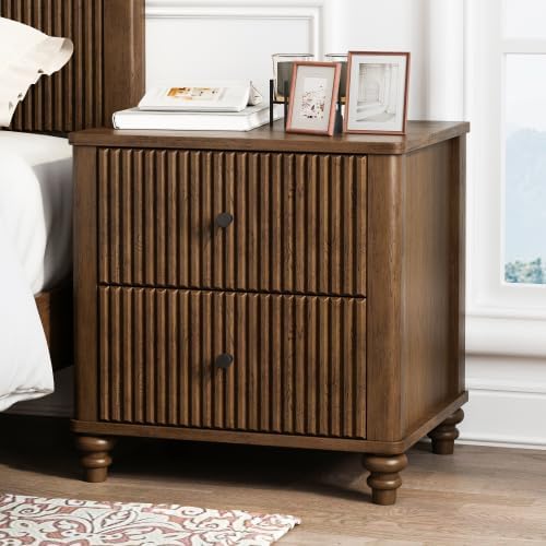 Fluted Nightstand, 21.65 Inch Wide Mid Century Modern Bedroom Side Table with 3 Drawers, Wooden Bedside Table with Metal Handles, Storage for Living Room Hallway, Walnut