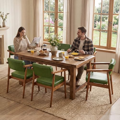 LSSPAID Mid Century Dining Chairs with Wooden Handrail, Pu Upholstered Armchair Comfy Backrest Modern Kitchen Chairs for Bedroom Living Room Dining Room, Green, Set of 1