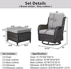 Belord Outdoor Swivel Chairs Set of 2,Patio Wicker Rocker Chairs with Ottomans, All Weather Patio Conversation Furniture Set, Ideal for Porch Balcony Deck Yard, Brown Wicker/Gray