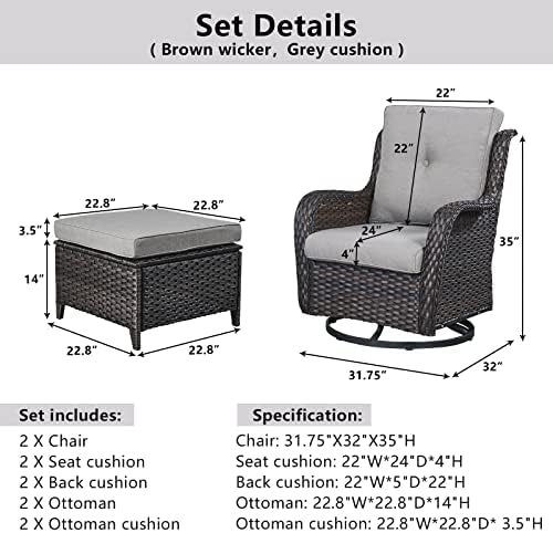 Belord Outdoor Swivel Chairs Set of 2,Patio Wicker Rocker Chairs with Ottomans, All Weather Patio Conversation Furniture Set, Ideal for Porch Balcony Deck Yard, Brown Wicker/Gray