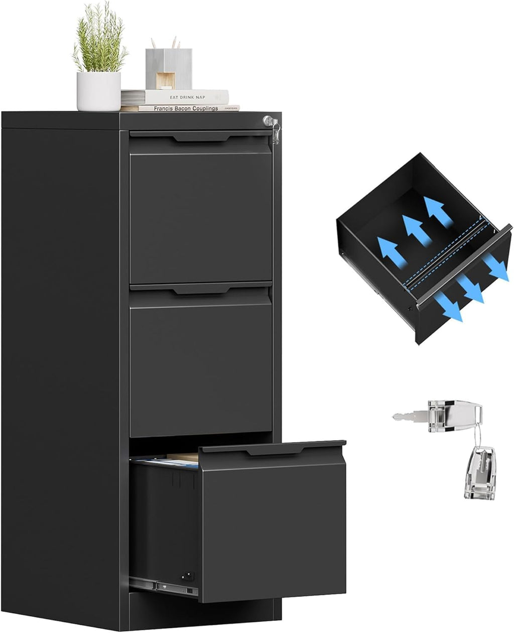 3 Drawer Metal Vertical File Cabinet with Lock for Home Office | 17.8"D x 15"W x 38.4"H,Small Under Desk Cabinet,Adjustable Hanging Bar,Fits 4A/Legal/Letter Size File,Easy Assembly,Black
