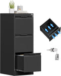 3 Drawer Metal Vertical File Cabinet with Lock for Home Office | 17.8"D x 15"W x 38.4"H,Small Under Desk Cabinet,Adjustable Hanging Bar,Fits 4A/Legal/Letter Size File,Easy Assembly,Black