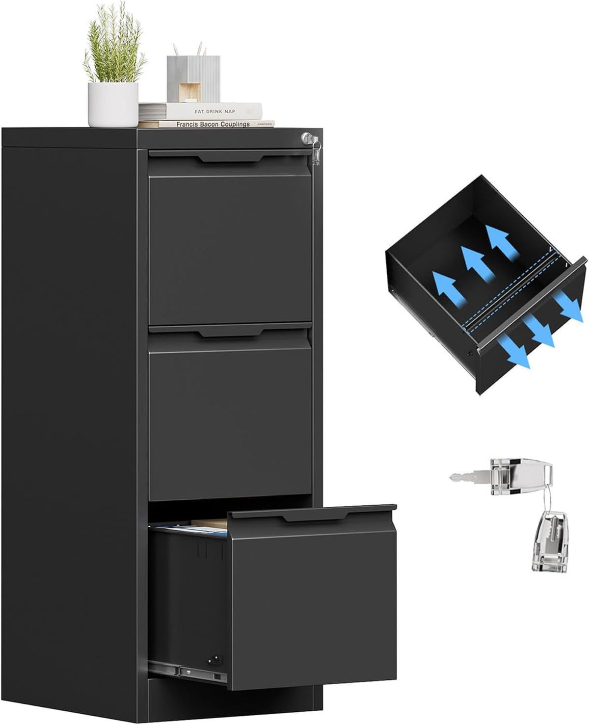3 Drawer Metal Vertical File Cabinet with Lock for Home Office | 17.8"D x 15"W x 38.4"H,Small Under Desk Cabinet,Adjustable Hanging Bar,Fits 4A/Legal/Letter Size File,Easy Assembly,Black