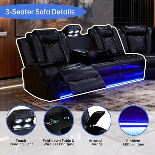 Power Recliner Sofa Set, Living Room Furniture Sets, Leather Sectional Sofa Set with LED Lights, Cup Holders, Storage Console for Living Room/Home Theater (Black)