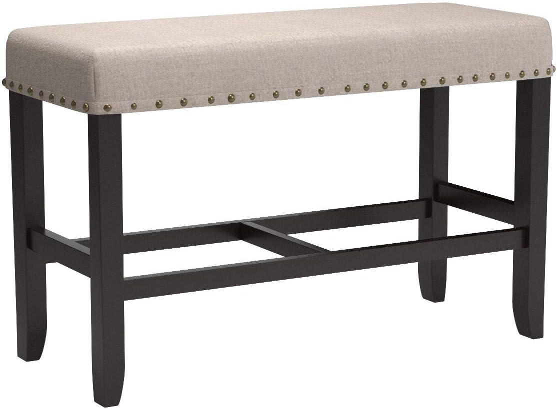 Roundhill Furniture Biony Fabric Counter Height Dining Bench with Nailhead Trim, Tan
