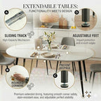 Round to Oval Extendable Dining Table for 4-8, 43" -75" Expandable Kitchen Table with Dual Extension Leaves, White Tabletop & Black Metal Legs, Space-Saving Modern Dining RoomTable, Easy Assembly