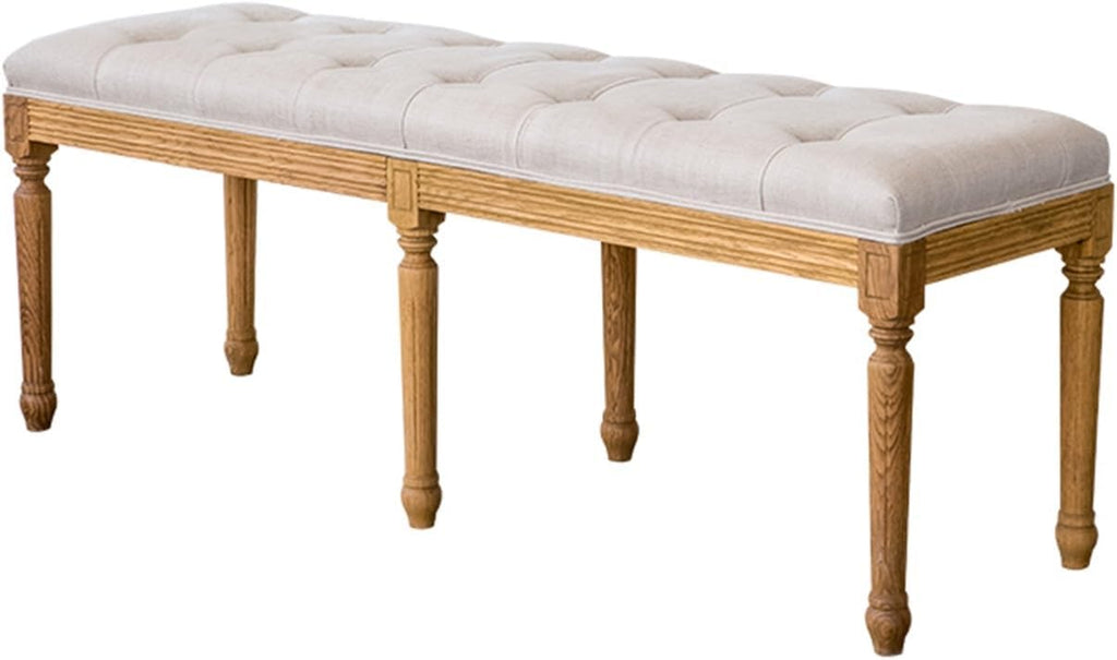 Modern French Vintage Bench with Padded Seat and Rubberwood Legs, Memory Foam Upholstered Entryway and Dining, Tufted Fabric End of Bed for Bedroom Living Room Hallway Entryway