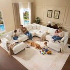 Ihanherry 139" Oversized V-Shaped Modular Sectional Couch, 9-Seater Cloud Sofa with Corner & Movable Ottoman, Large Cushions, Chenille Deep Seat Living Room Furniture Set, Beige
