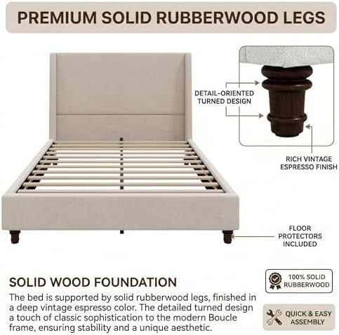 Queen Size Upholstered Bed Frame, 52.7" High Headboard Wingback Bedframes with Solid Wood Retro Legs, Sturdy Metal & Wooden Slat Support/No Box Spring Needed/No Noise, Clay Taupe Boucle