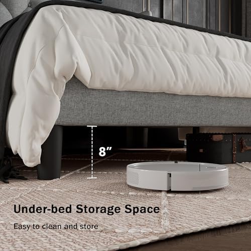 GalnFu Queen Size Bed Frame with Button Tufted Headboard, Upholstered Platform Bed Frame with UnderBed Storage, Wooden Slats Supports, Noise Free, No Box Spring Needed, Easy Assembly, Light Grey