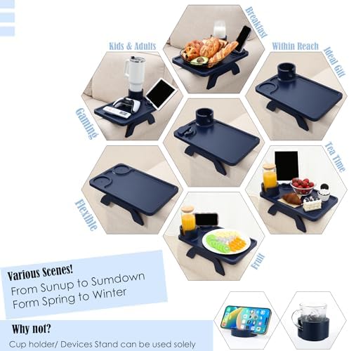 Nnewvante Couch Armrest Tray 3 in 1 Bamboo Clip-on Couch Table, Navy Blue, | Large 15.36"x9.85" Sofa Arm Table,Easy-Access 360°Rotating Cup and Phone Holder and Non-Slip Base