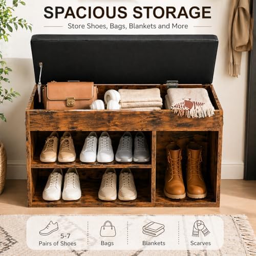 HOOBRO Shoe Storage Bench with Cushion, 32.3'' Entryway Bench with Lift Top Hidden Storage and Adjustable Shelves, Wooden Shoe Rack Bench for Entryway Bedroom, Rustic Brown and Black BF40HX01