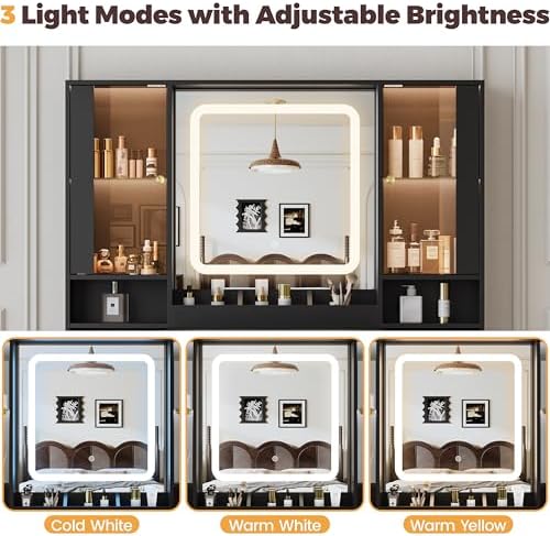 BORNOON Vanity Desk with Mirror and Lights, Makeup Vanity with 7 Drawers, 2 Glass Door Cabinets, Charging Station, Adjustable Shelves, RGB Lighting, Holder