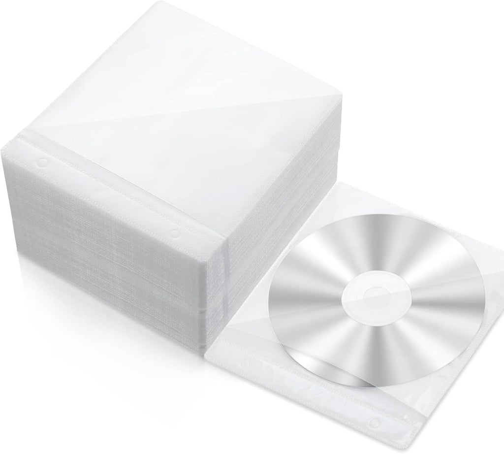 Harloon 200 Pcs CD DVD Sleeves Double Sided Plastic Clear Refill, White | PP Material and Fiber Cloth, Protective Sleeves for Blank Discs, Bulk Refill for Storage Binders