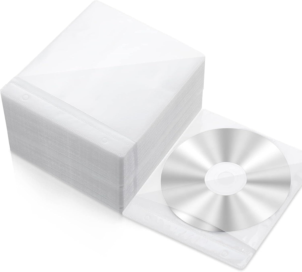 Harloon 200 Pcs CD DVD Sleeves Double Sided Plastic Clear Refill, White | PP Material and Fiber Cloth, Protective Sleeves for Blank Discs, Bulk Refill for Storage Binders