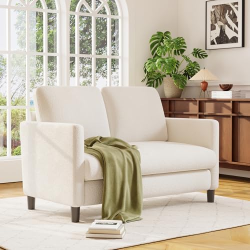 Welzona Loveseat, 51" Small Couch, Teddy Love Seat, Small Loveseat Sofa | Comfy Teddy Fabric, Tool-free Setup, Washable Covers, All-wood Small Sofa Couch for Living Room, Bedroom, Small Spaces, Beige