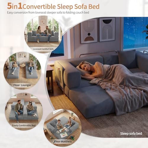78.8" Couch for Living Room, Futon Sleeper Sofa Bed | Convertible Sofa Bed, Corduroy Pull Out Couch Loveseat with Storage Pocket, Modular Design, No Assembly, Grey