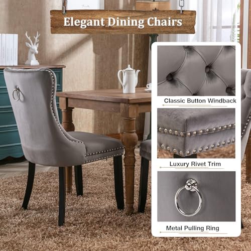 9-Piece Extendable Dining Table Set for 8, 63-78 Inch Rustic Brown Kitchen Tables Set with 8 Grey Tufted Chairs Farmhouse Wood Expandable Dining Room Table Set 8 for Kitchen Dining
