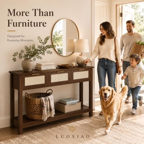 Luoxiao Console Table for Entryway with 3 Rattan Drawers Storage Open Shelf | Narrow Entry Table for Hallway, Foyer, Couch, Front Entrance, Anti-Tip, Easy to Assemble, 47 Inch, Walnut, Mid-Century Modern