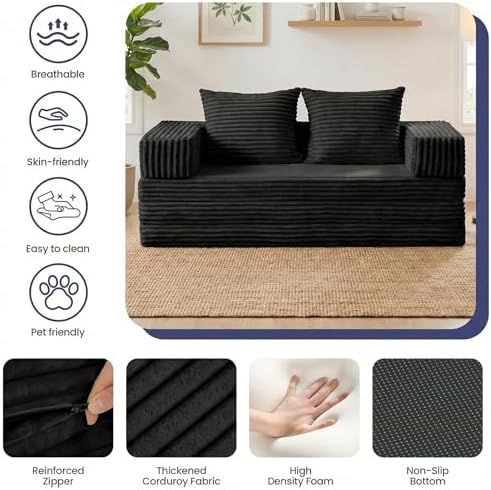 Convertible Sofa Bed, 4-in-1 Loveseat with Removable Armrests Backrest, Corduroy Futon Couch Bed with Pillow, Foldable Mattress Sleeper Sofa for Living Room Bedroom Small Place (Black)