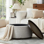 Zihanhome 30 Inch Round Storage Ottoman, Ottoman Coffee Table with Lift Off Lid, Boucle Modern Ottomans with Storage for Living Room, Bedroom, Apartments (White and Gray Striped)