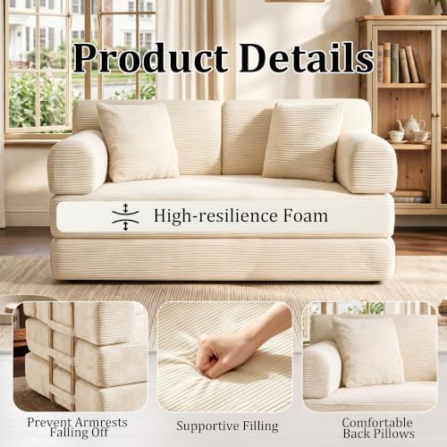 BSHOMGI Convertible Sofa Couch Bed, Folding Corduroy Floor Compression Loveseat Sleeper with Fixed-Shape Frame, King Size Sofas for Guest Room Living Room No Assembly Required (Includes 2 Pillows)