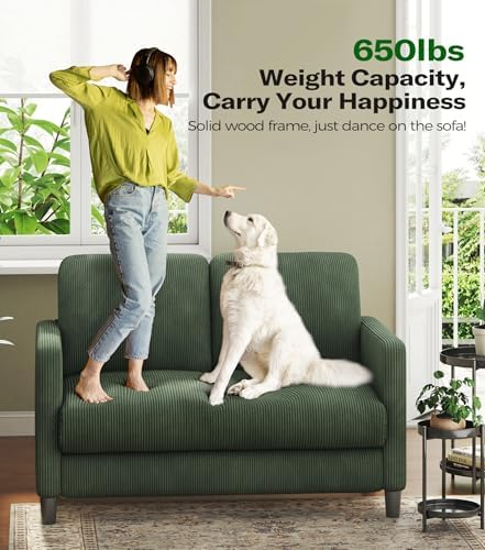 Welzona Loveseat, 51" Small Couch, Corduroy Love Seat, Small Loveseat Sofa | Comfy Corduroy Fabric, Tool-free Setup, Washable Covers, All-wood Small Sofa Couch for Living Room, Bedroom, Green