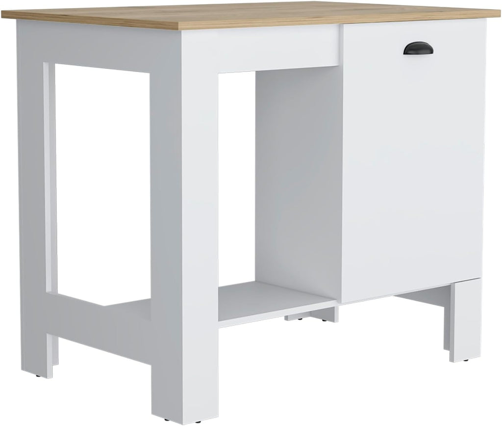 Kitchen Island, Single Door Cabinet, Shelf White/Macadamia | Includes two internal storage shelves for organized kitchen essentials