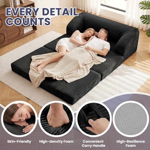 JUIKURY Convertible Sofa Bed, 3-in-1 Foldable Loveseat Couch with Armrest, Corduroy Floor Sofa & Sleeper Bed, No Assembly High-Density Foam Futon Mattress for Living Room, Small Apartment, Dorm