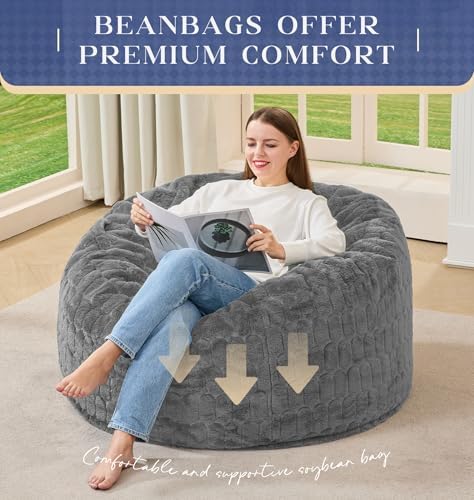Hobestluk Large Bean Bag Chairs 3FT Big Adults BeanBag Chairs Plush Cover | Memory Foam,Washable Cover,Unique Fluffy Plush,Comfy Filled Adults Bean Bag Gaming Reading Bedroom Dorm Room | Light Grey 3FT