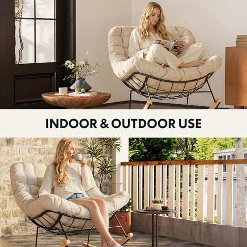 FLEXISPOT Oversized Outdoor Rocking Chair with Thick Cushion, Beige | Thick Cushioned Seat, Bonus Pillow, Modern Patio Papasan Rocker, Metal Frame Wood Base, For Porch Balcony Living Room