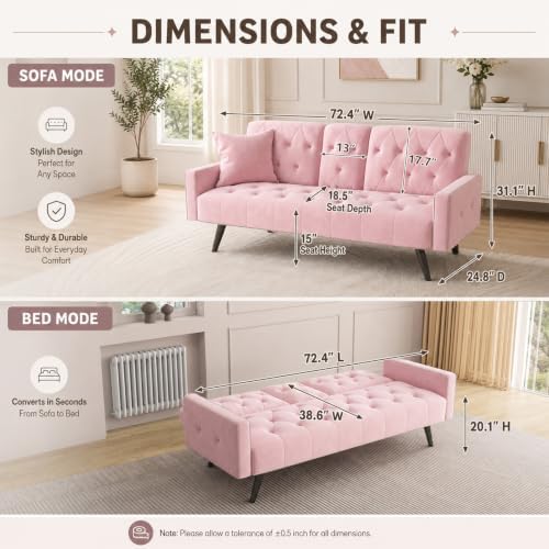 Anwick Modern Velvet 2 in 1 Futon Sofa Bed,Convertible Folding Sleeper Bed Couches with 2 Pillows,73" Tufted Recliner Love Seat with Golden Chrome Legs for Living Room Apartment Office (Pink)