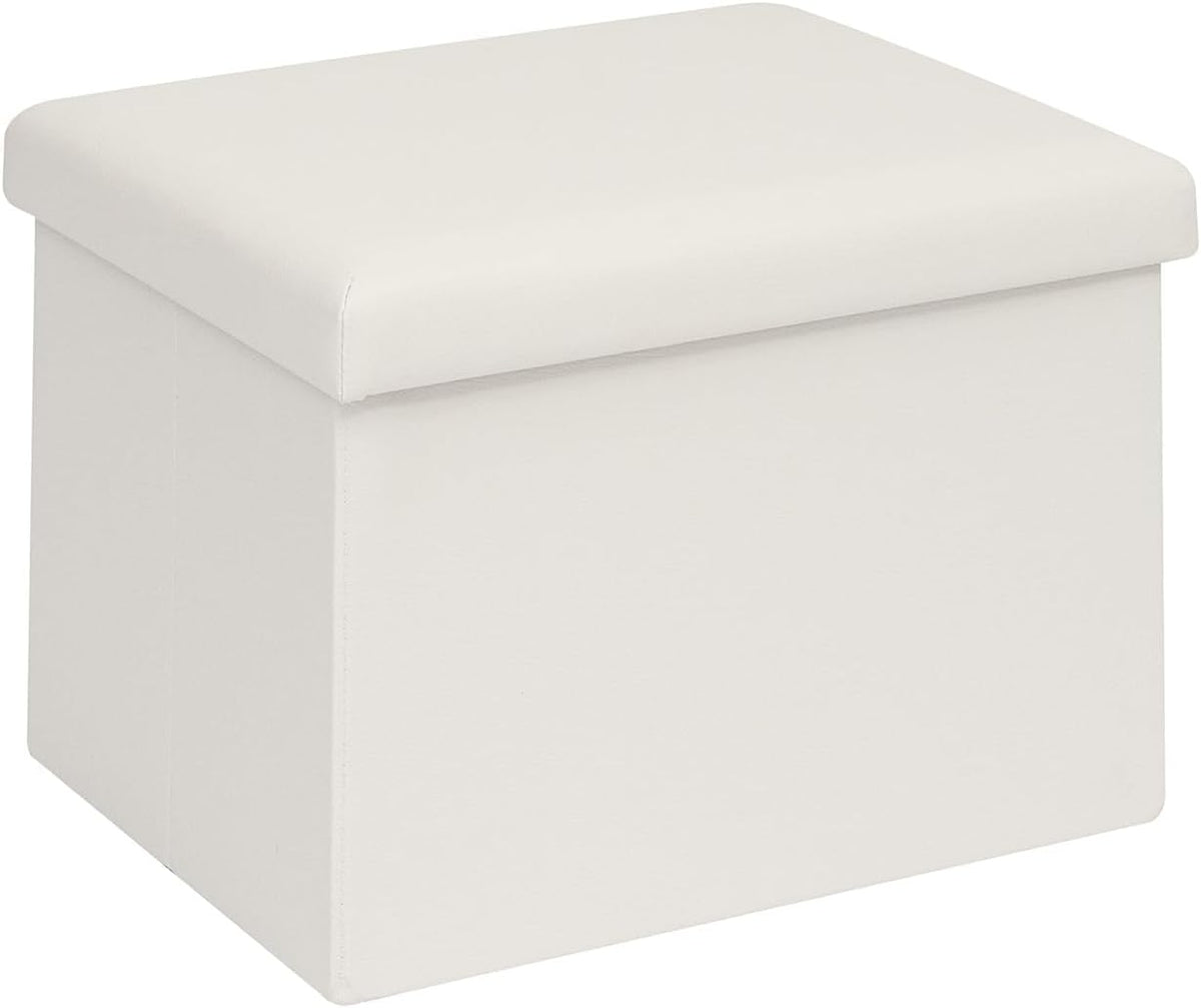 B FSOBEIIALEO Folding Storage Ottoman, 16.5" Faux Leather Ottomans, White | Small Ottoman with Storage Bench, Rectangle Foot Rest Chest Seat, for Living Room, Bedroom, Home Office, Dorm