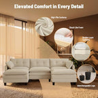 Amsleekey 111.5" U Shaped Modular Sectional Sofa, Beige Corduroy | Cloud Couch for Living Room, 3 Seater Deep Seat Convertible Sleeper Sofa with 2 Movable Ottomans and 2 Leg Height Options