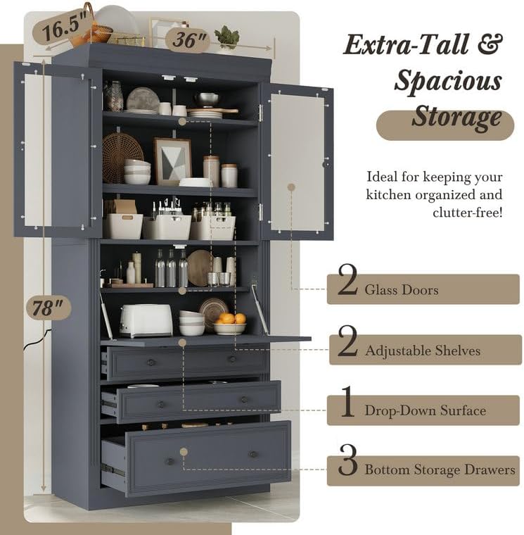 SOFTSEA Kitchen Pantry Cabinet with 3 Drawers, Kitchen Storage Cupboard with Power Outlet and Adjustable Shelves, Freestanding Display Cabinet for Living Room Dining Room, 36x16.5x78inch, Grey