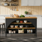 Kitchen Island with Open Shelves, Black and Natural Wood Top | 3-Tier Storage, Arched Side Panels, 55.12" x 31.5" Top, Metal Frame Base, Freestanding Design