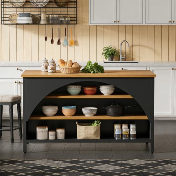 Kitchen Island with Open Shelves, Black and Natural Wood Top | 3-Tier Storage, Arched Side Panels, 55.12" x 31.5" Top, Metal Frame Base, Freestanding Design