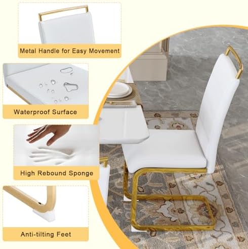 79" White Gold Dining Table Set for 8, Luxury Faux Marble Dining Table Set for 8 with White Gold Chairs, Kitchen Table Set with Gold Chrome Legs for Dining Room, Office