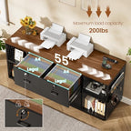 SEDETA 55" File Cabinet with Lock, Large 3 Drawers Filing Cabinets for Home Office, Lockable Printer Stand with Storage, Power Strip, LED Light & Pegboard, Black + Brown
