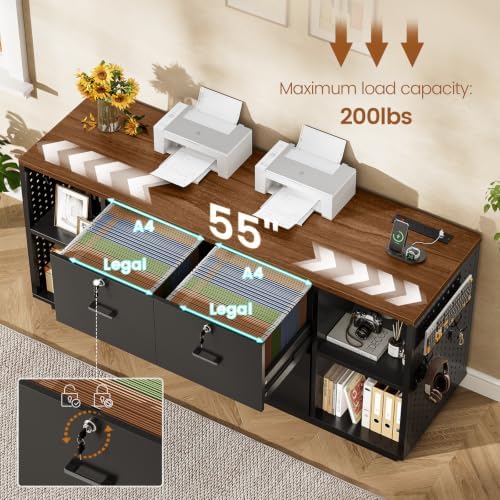 SEDETA 55" File Cabinet with Lock, Large 3 Drawers Filing Cabinets for Home Office, Lockable Printer Stand with Storage, Power Strip, LED Light & Pegboard, Black + Brown