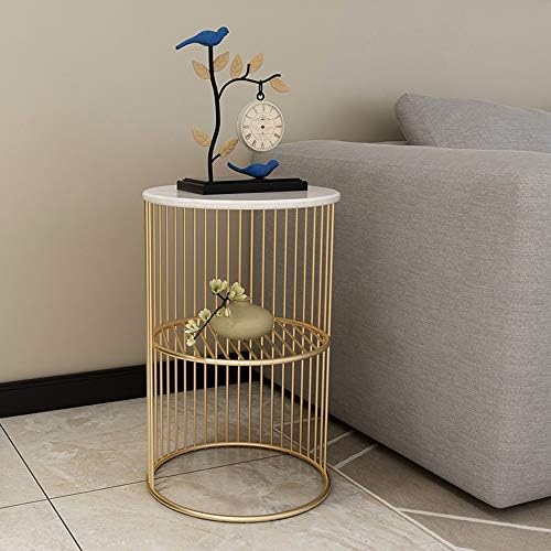Telephone Table, Marble Side Table Living Room Telephone Table Corner Table Bedroom Bedside Table Storage Shelf,Gold，11.8" × 21.6" (Color:White)