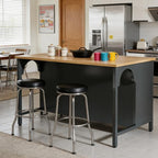 Kitchen Island with Open Shelves, Black and Natural Wood Top | 3-Tier Storage, Arched Side Panels, 55.12" x 31.5" Top, Metal Frame Base, Freestanding Design
