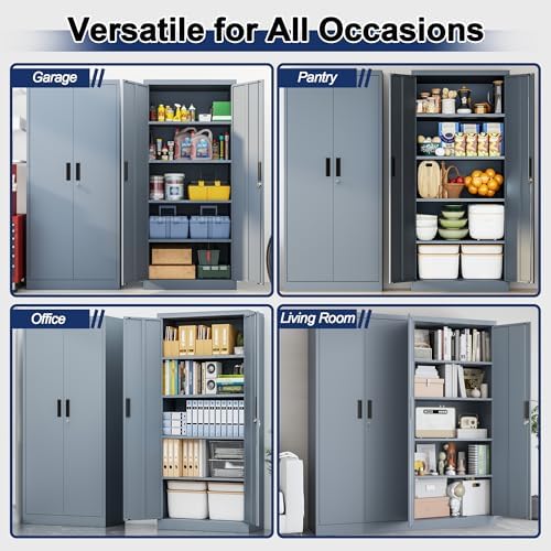 BESFUR Metal Storage Cabinet with 2 Doors and 4 Adjustable Shelves Garage Storage Cabinet with Lock 71" Office Storage Cabinets Locking Cabinets for Garage Office Shop Home (Gray)