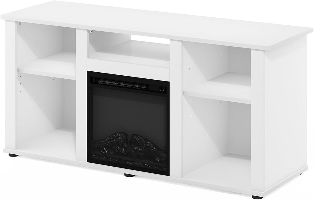 Furinno Jensen Fireplace TV Stand, Entertainment Center, TV Console for TV up to 55 Inch with Fireplace and Open Storage Compartment, for Living Room, Bedroom, Solid White