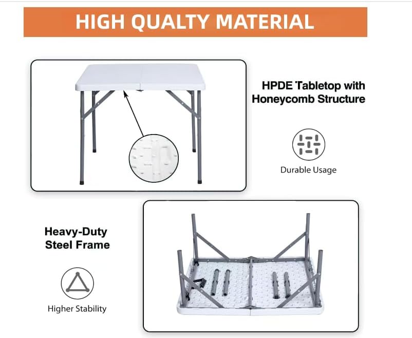 34" Square Folding Table Fold-in-Half Utility Dining Portable Table Heavy Duty HDPE with Carrying Handle, Plastic Tables for Camping,Picnic, Office, Party,Card Table (White)