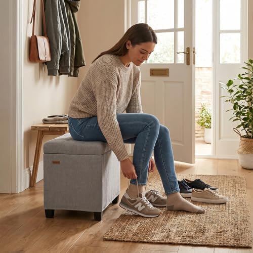 ABHENG Steel Frame Small Ottoman with Storage Footrest Gray UASND70G | 12.2" D x 16.1" W x 17.7" H, Hold 660 lbs, 48L Storage Capacity, Breathable Chenille, Removable Lid, for Dorm Living Room