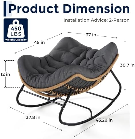 SWITTE Papasan Rocking Chair, Outdoor Wicker Egg Rocker with Cushion, Grey | Comfy Oversized Reading Chair, Cozy 30°-Rock Bed with 6" Cushion, Steel Frame 450LBS Capacity for Patio Porch Lawn