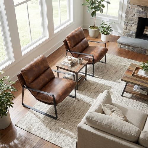 LukeAlon Set of 2 Modern PU Leather Accent Armchair, Retro Brown | Pu Leather Upholstered Living Room Chair With Metal Base & Thickened Cushion
