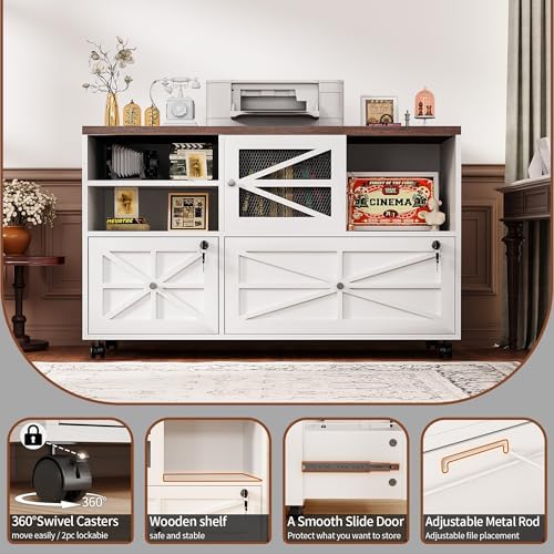 2 Drawer Farmhouse File Cabinet with Lock, Mobile Lateral Filing Cabinet for Letter/Legal/A4 Size, Open Storage Adjustable Shelf for Home Office Cabinets,White