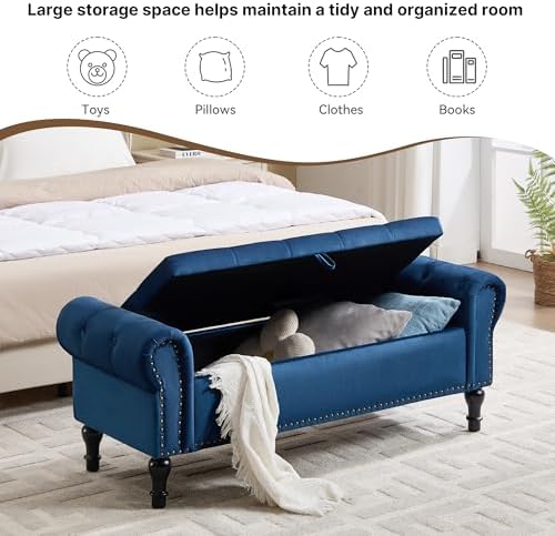 Storage Bench for Bedroom, 51" Upholstered End of Bed Bench, Velvet Queen Size Benches with Rolled Arms, Tufted Button Storage Long Ottoman, Living Room, Entryway, Blue